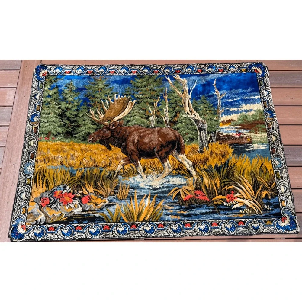 Vintage  Moose Tapestry Wall Hanging Scenic Wildlife Cabin Lodge Deco 68x47